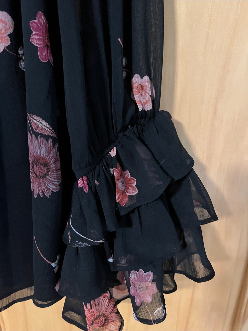 CeCe Black Floral Smocked-Neck Blouse with Pink Flowers - Picture 4 of 6